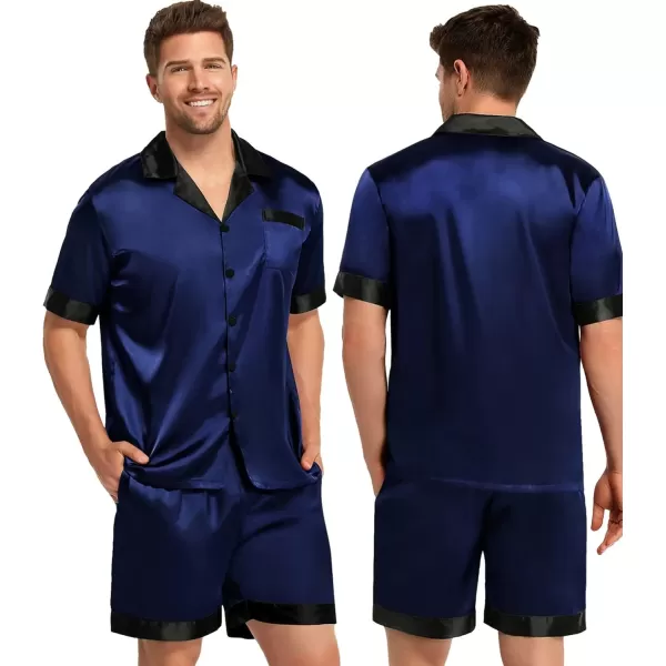 SWOMOG Couples Matching Pajama Set Silk Satin Short Sleeve Pjs Set Top and Shorts Sleepwear Soft ButtonDown LoungewearMen Deep Navy Blue