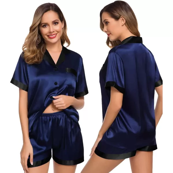 SWOMOG Couples Matching Pajama Set Silk Satin Short Sleeve Pjs Set Top and Shorts Sleepwear Soft ButtonDown LoungewearMen Deep Navy Blue