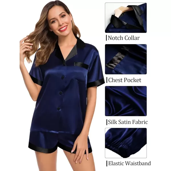 SWOMOG Couples Matching Pajama Set Silk Satin Short Sleeve Pjs Set Top and Shorts Sleepwear Soft ButtonDown LoungewearMen Deep Navy Blue