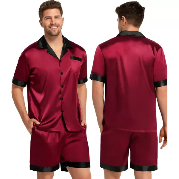 SWOMOG Couples Matching Pajama Set Silk Satin Short Sleeve Pjs Set Top and Shorts Sleepwear Soft ButtonDown LoungewearMen Deep Wine RedBlack