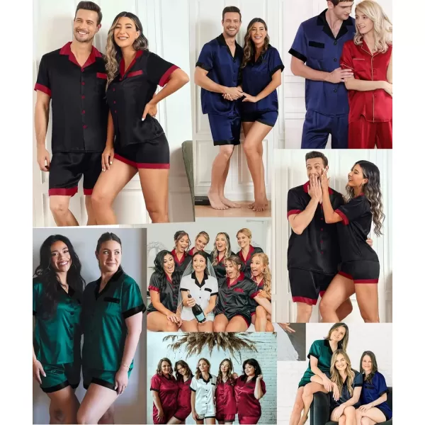 SWOMOG Couples Matching Pajama Set Silk Satin Short Sleeve Pjs Set Top and Shorts Sleepwear Soft ButtonDown LoungewearMen Deep Wine RedBlack