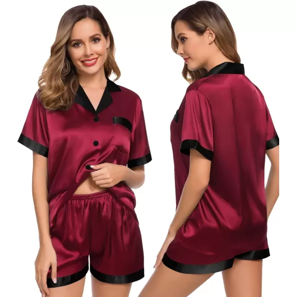 SWOMOG Couples Matching Pajama Set Silk Satin Short Sleeve Pjs Set Top and Shorts Sleepwear Soft ButtonDown LoungewearMen Deep Wine RedBlack