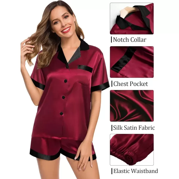 SWOMOG Couples Matching Pajama Set Silk Satin Short Sleeve Pjs Set Top and Shorts Sleepwear Soft ButtonDown LoungewearMen Deep Wine RedBlack