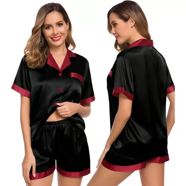 SWOMOG Couples Matching Pajama Set Silk Satin Short Sleeve Pjs Set Top and Shorts Sleepwear Soft ButtonDown LoungewearWomen BlackRed