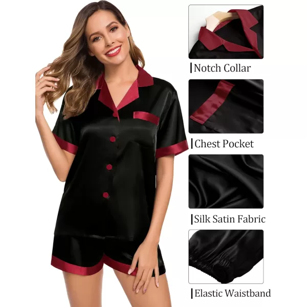 SWOMOG Couples Matching Pajama Set Silk Satin Short Sleeve Pjs Set Top and Shorts Sleepwear Soft ButtonDown LoungewearWomen BlackRed