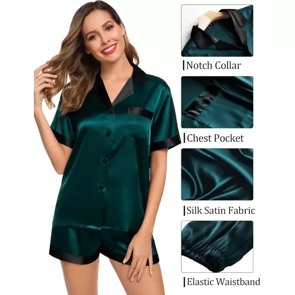 SWOMOG Couples Matching Pajama Set Silk Satin Short Sleeve Pjs Set Top and Shorts Sleepwear Soft ButtonDown LoungewearWomen Deep Green