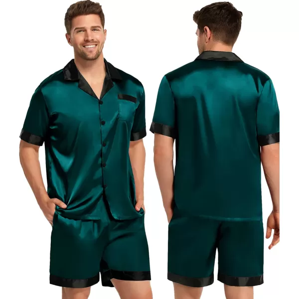 SWOMOG Couples Matching Pajama Set Silk Satin Short Sleeve Pjs Set Top and Shorts Sleepwear Soft ButtonDown LoungewearWomen Deep Green