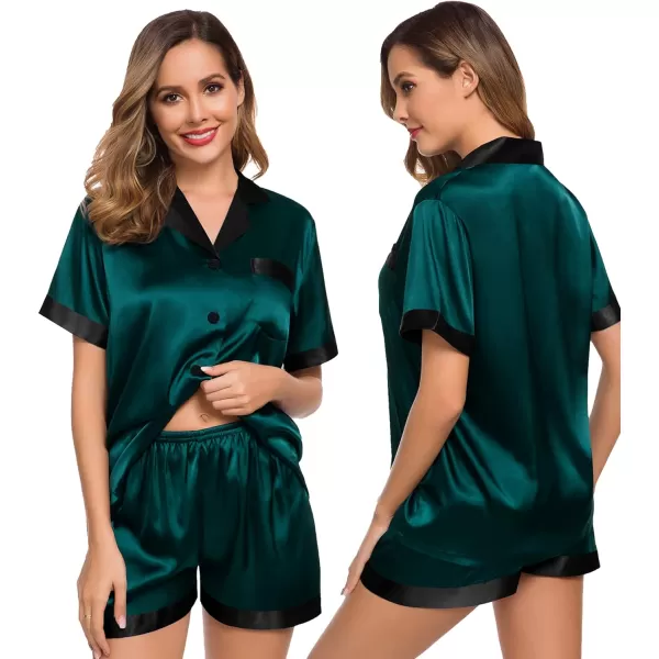 SWOMOG Couples Matching Pajama Set Silk Satin Short Sleeve Pjs Set Top and Shorts Sleepwear Soft ButtonDown LoungewearWomen Deep Green