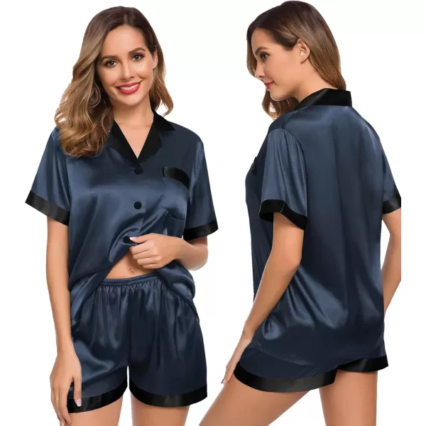 SWOMOG Couples Matching Pajama Set Silk Satin Short Sleeve Pjs Set Top and Shorts Sleepwear Soft ButtonDown LoungewearWomen Deep Grey