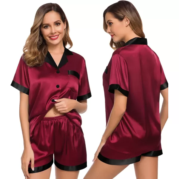 SWOMOG Couples Matching Pajama Set Silk Satin Short Sleeve Pjs Set Top and Shorts Sleepwear Soft ButtonDown LoungewearWomen Deep Wine RedBlack