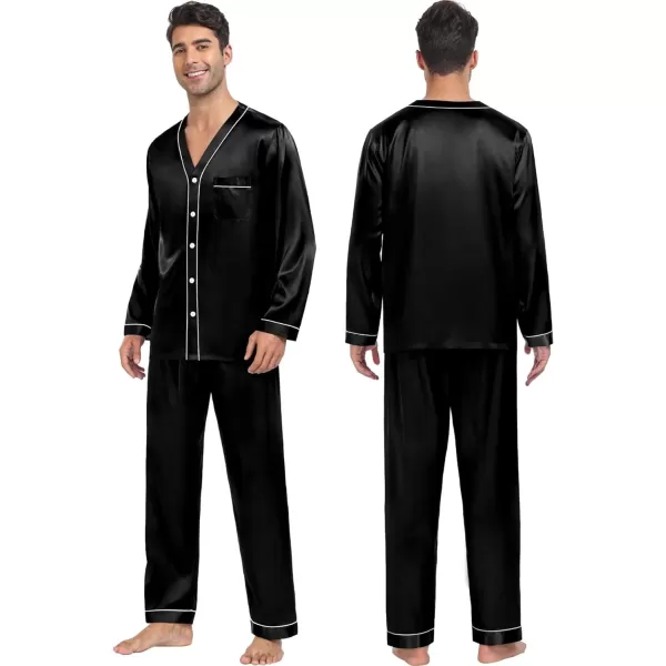 SWOMOG Couples Matching Pajamas Set Satin Long Sleeve Sleepwear Silk Button Down Nightwear Soft 2 Pieces LoungewearMen Black