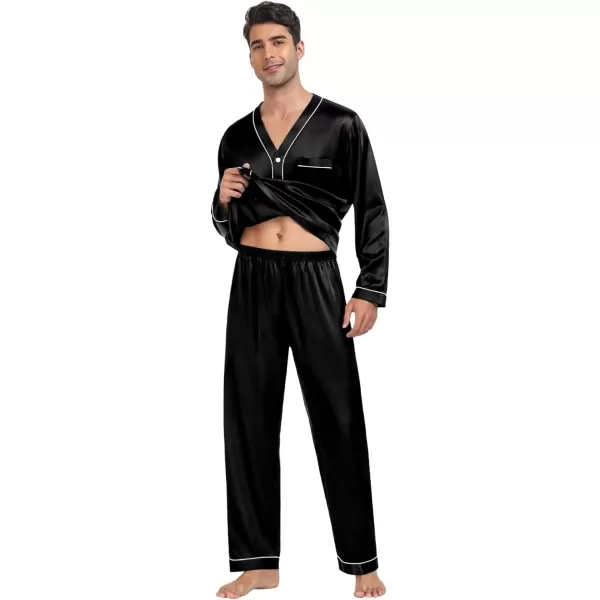 SWOMOG Couples Matching Pajamas Set Satin Long Sleeve Sleepwear Silk Button Down Nightwear Soft 2 Pieces LoungewearMen Black