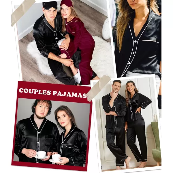 SWOMOG Couples Matching Pajamas Set Satin Long Sleeve Sleepwear Silk Button Down Nightwear Soft 2 Pieces LoungewearMen Black