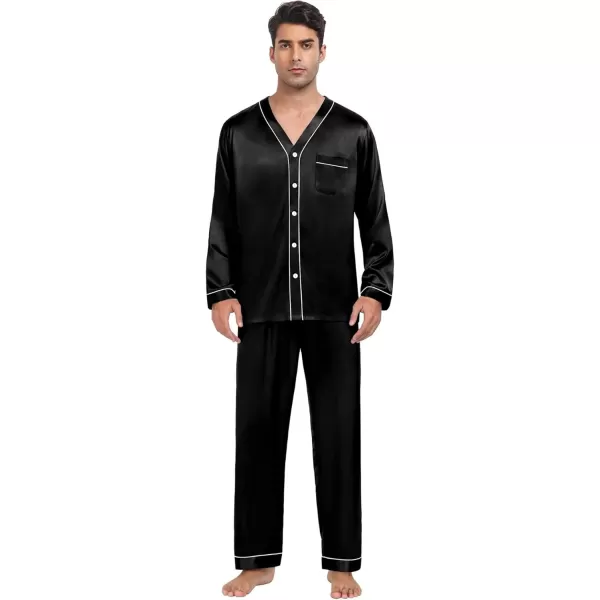 SWOMOG Couples Matching Pajamas Set Satin Long Sleeve Sleepwear Silk Button Down Nightwear Soft 2 Pieces LoungewearMen Black