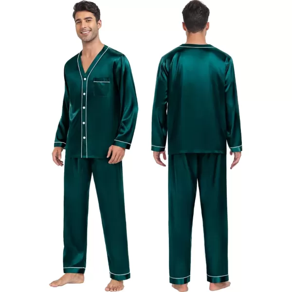 SWOMOG Couples Matching Pajamas Set Satin Long Sleeve Sleepwear Silk Button Down Nightwear Soft 2 Pieces LoungewearMen Dark Green