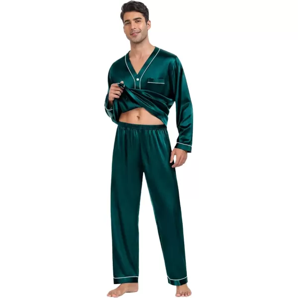 SWOMOG Couples Matching Pajamas Set Satin Long Sleeve Sleepwear Silk Button Down Nightwear Soft 2 Pieces LoungewearMen Dark Green