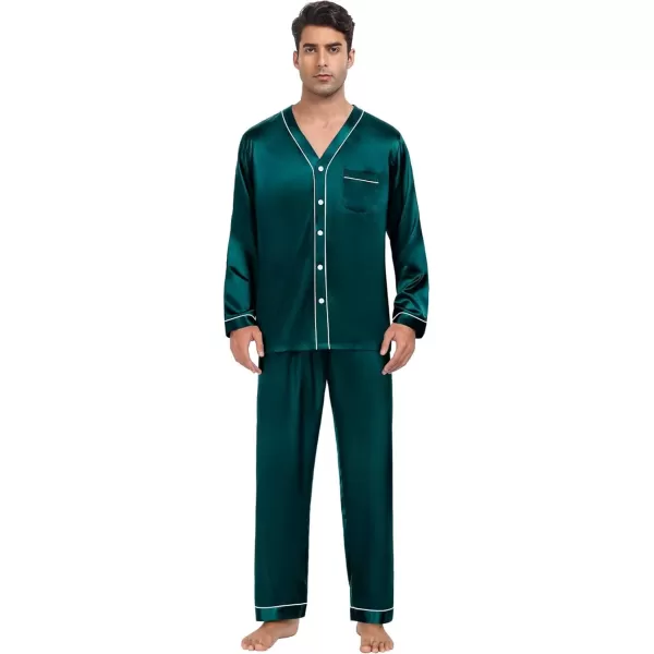 SWOMOG Couples Matching Pajamas Set Satin Long Sleeve Sleepwear Silk Button Down Nightwear Soft 2 Pieces LoungewearMen Dark Green