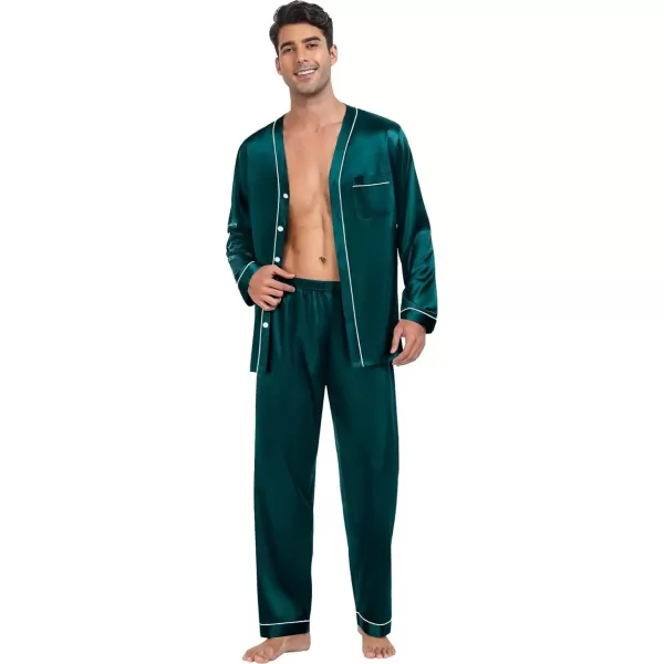 SWOMOG Couples Matching Pajamas Set Satin Long Sleeve Sleepwear Silk Button Down Nightwear Soft 2 Pieces LoungewearMen Dark Green