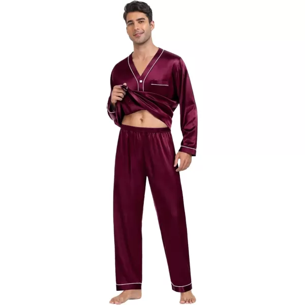 SWOMOG Couples Matching Pajamas Set Satin Long Sleeve Sleepwear Silk Button Down Nightwear Soft 2 Pieces LoungewearMen Dark Wine Red