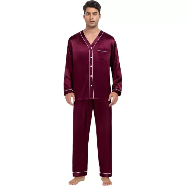 SWOMOG Couples Matching Pajamas Set Satin Long Sleeve Sleepwear Silk Button Down Nightwear Soft 2 Pieces LoungewearMen Dark Wine Red