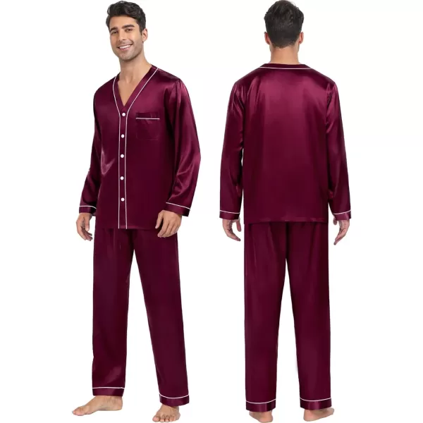 SWOMOG Couples Matching Pajamas Set Satin Long Sleeve Sleepwear Silk Button Down Nightwear Soft 2 Pieces LoungewearMen Dark Wine Red