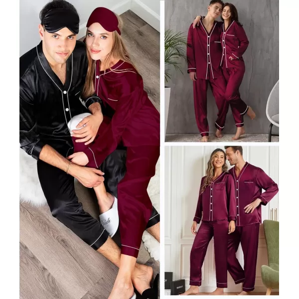 SWOMOG Couples Matching Pajamas Set Satin Long Sleeve Sleepwear Silk Button Down Nightwear Soft 2 Pieces LoungewearMen Dark Wine Red