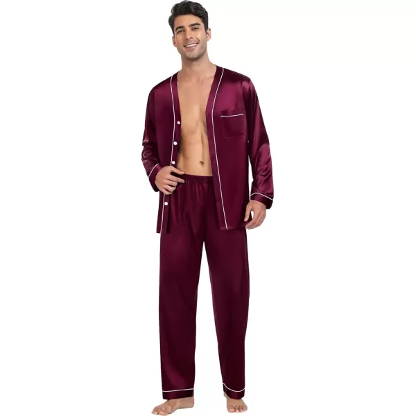 SWOMOG Couples Matching Pajamas Set Satin Long Sleeve Sleepwear Silk Button Down Nightwear Soft 2 Pieces LoungewearMen Dark Wine Red