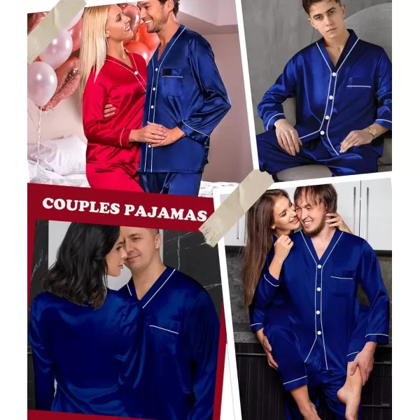 SWOMOG Couples Matching Pajamas Set Satin Long Sleeve Sleepwear Silk Button Down Nightwear Soft 2 Pieces LoungewearMen Navy Blue