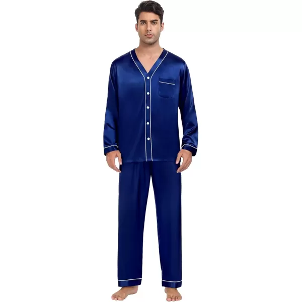 SWOMOG Couples Matching Pajamas Set Satin Long Sleeve Sleepwear Silk Button Down Nightwear Soft 2 Pieces LoungewearMen Navy Blue