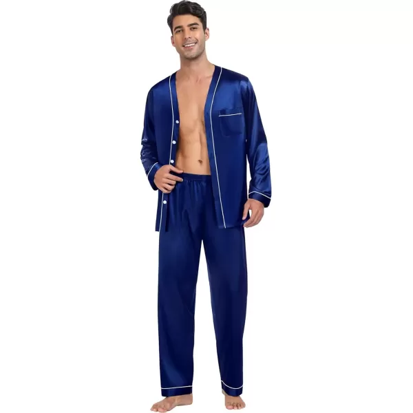 SWOMOG Couples Matching Pajamas Set Satin Long Sleeve Sleepwear Silk Button Down Nightwear Soft 2 Pieces LoungewearMen Navy Blue