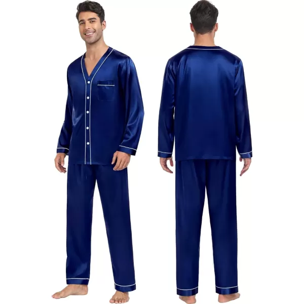 SWOMOG Couples Matching Pajamas Set Satin Long Sleeve Sleepwear Silk Button Down Nightwear Soft 2 Pieces LoungewearMen Navy Blue