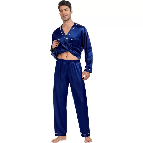 SWOMOG Couples Matching Pajamas Set Satin Long Sleeve Sleepwear Silk Button Down Nightwear Soft 2 Pieces LoungewearMen Navy Blue