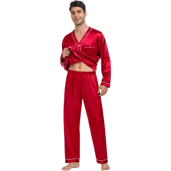 SWOMOG Couples Matching Pajamas Set Satin Long Sleeve Sleepwear Silk Button Down Nightwear Soft 2 Pieces LoungewearMen Red