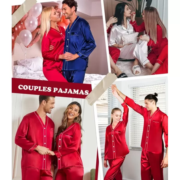 SWOMOG Couples Matching Pajamas Set Satin Long Sleeve Sleepwear Silk Button Down Nightwear Soft 2 Pieces LoungewearMen Red