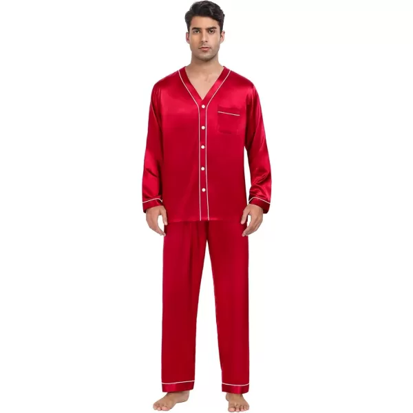 SWOMOG Couples Matching Pajamas Set Satin Long Sleeve Sleepwear Silk Button Down Nightwear Soft 2 Pieces LoungewearMen Red