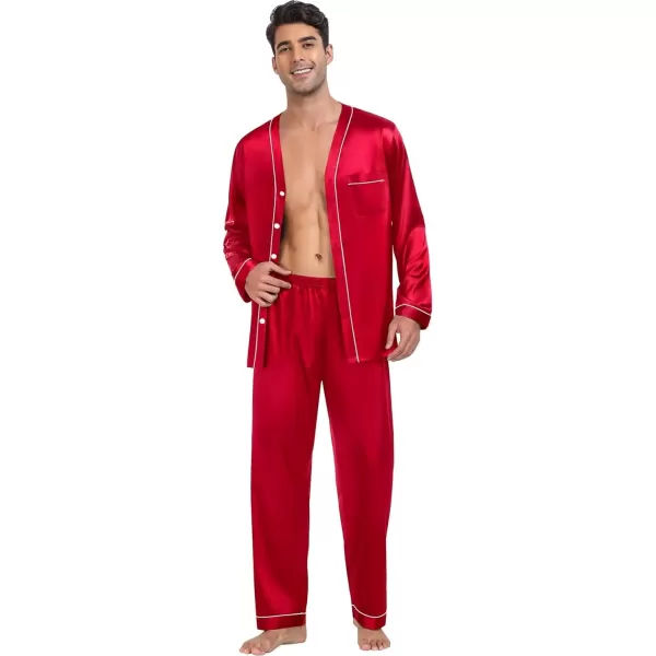 SWOMOG Couples Matching Pajamas Set Satin Long Sleeve Sleepwear Silk Button Down Nightwear Soft 2 Pieces LoungewearMen Red