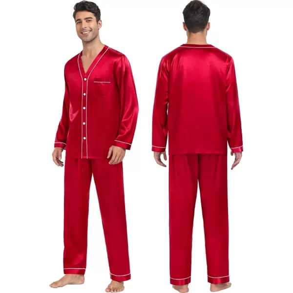 SWOMOG Couples Matching Pajamas Set Satin Long Sleeve Sleepwear Silk Button Down Nightwear Soft 2 Pieces LoungewearMen Red