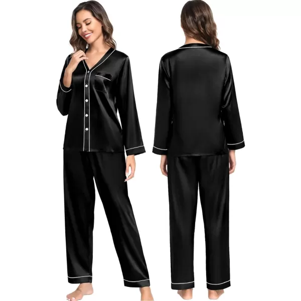 SWOMOG Couples Matching Pajamas Set Satin Long Sleeve Sleepwear Silk Button Down Nightwear Soft 2 Pieces LoungewearWomen Black