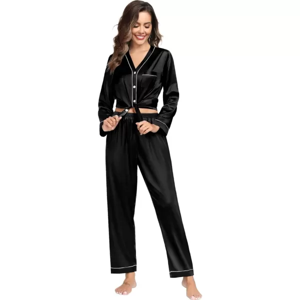 SWOMOG Couples Matching Pajamas Set Satin Long Sleeve Sleepwear Silk Button Down Nightwear Soft 2 Pieces LoungewearWomen Black