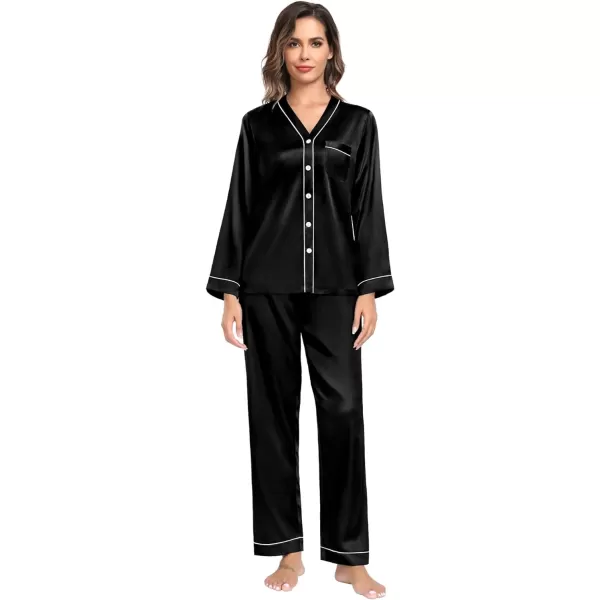 SWOMOG Couples Matching Pajamas Set Satin Long Sleeve Sleepwear Silk Button Down Nightwear Soft 2 Pieces LoungewearWomen Black