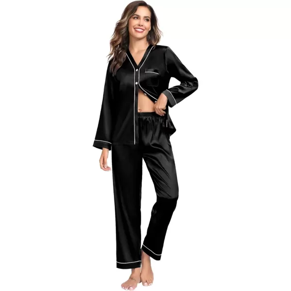 SWOMOG Couples Matching Pajamas Set Satin Long Sleeve Sleepwear Silk Button Down Nightwear Soft 2 Pieces LoungewearWomen Black