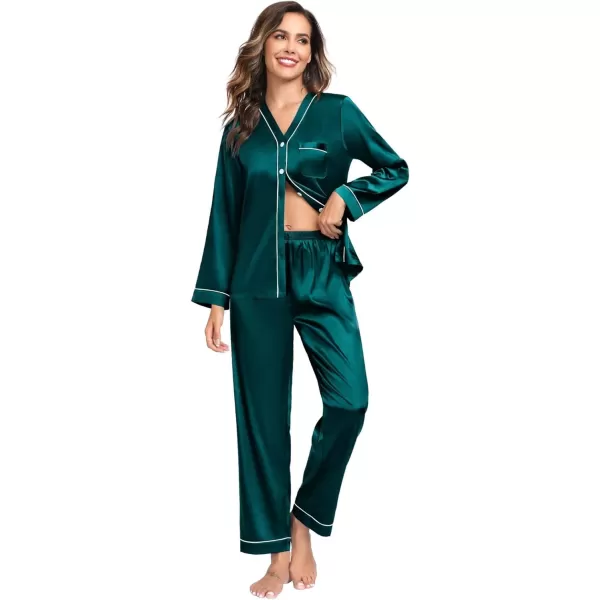 SWOMOG Couples Matching Pajamas Set Satin Long Sleeve Sleepwear Silk Button Down Nightwear Soft 2 Pieces LoungewearWomen Dark Green