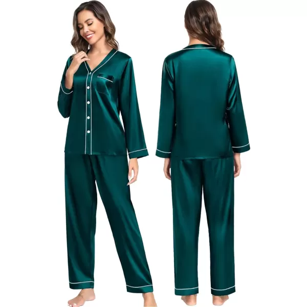 SWOMOG Couples Matching Pajamas Set Satin Long Sleeve Sleepwear Silk Button Down Nightwear Soft 2 Pieces LoungewearWomen Dark Green