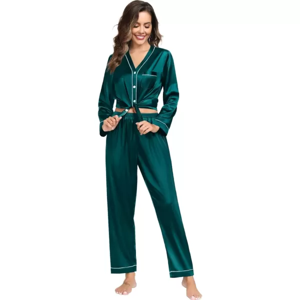 SWOMOG Couples Matching Pajamas Set Satin Long Sleeve Sleepwear Silk Button Down Nightwear Soft 2 Pieces LoungewearWomen Dark Green