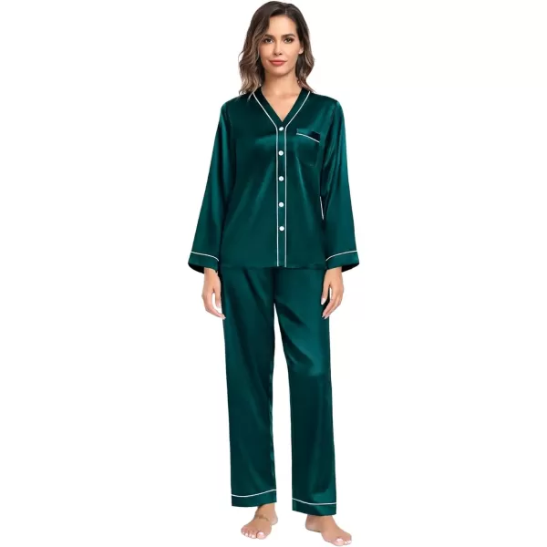 SWOMOG Couples Matching Pajamas Set Satin Long Sleeve Sleepwear Silk Button Down Nightwear Soft 2 Pieces LoungewearWomen Dark Green