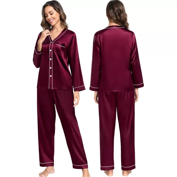 SWOMOG Couples Matching Pajamas Set Satin Long Sleeve Sleepwear Silk Button Down Nightwear Soft 2 Pieces LoungewearWomen Dark Wine Red