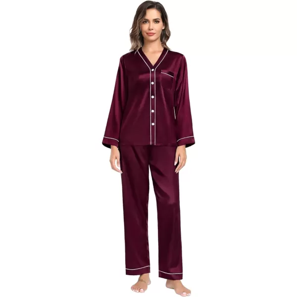 SWOMOG Couples Matching Pajamas Set Satin Long Sleeve Sleepwear Silk Button Down Nightwear Soft 2 Pieces LoungewearWomen Dark Wine Red