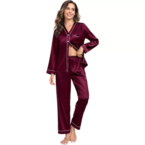 SWOMOG Couples Matching Pajamas Set Satin Long Sleeve Sleepwear Silk Button Down Nightwear Soft 2 Pieces LoungewearWomen Dark Wine Red