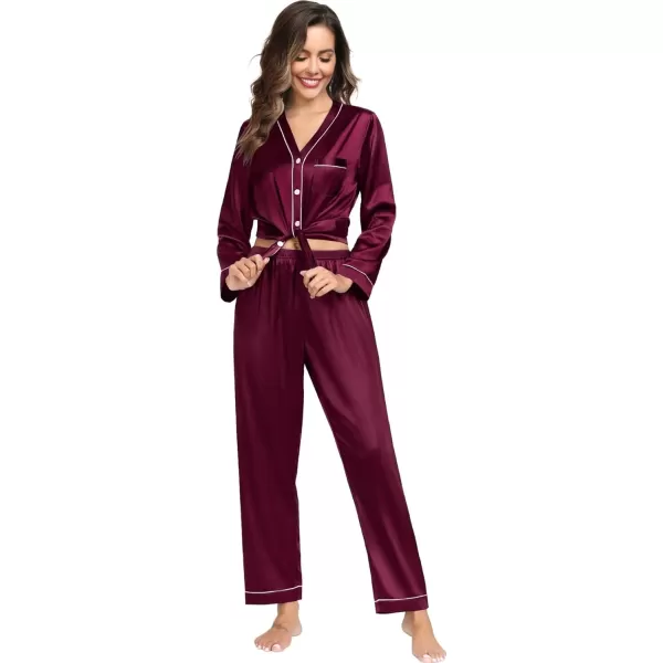 SWOMOG Couples Matching Pajamas Set Satin Long Sleeve Sleepwear Silk Button Down Nightwear Soft 2 Pieces LoungewearWomen Dark Wine Red