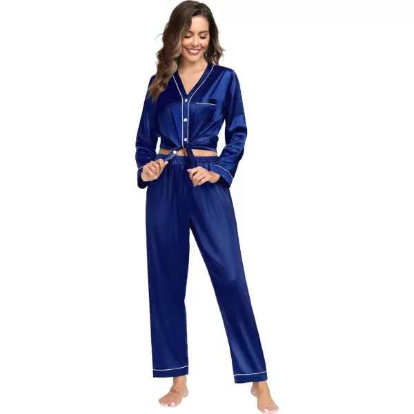 SWOMOG Couples Matching Pajamas Set Satin Long Sleeve Sleepwear Silk Button Down Nightwear Soft 2 Pieces LoungewearWomen Navy Blue